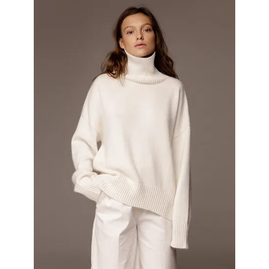 Casual Long Sleeves Loose Solid Color High-Neck Sweater Tops Casual Long Sleeves Loose Solid Color High-Neck Sweater Tops