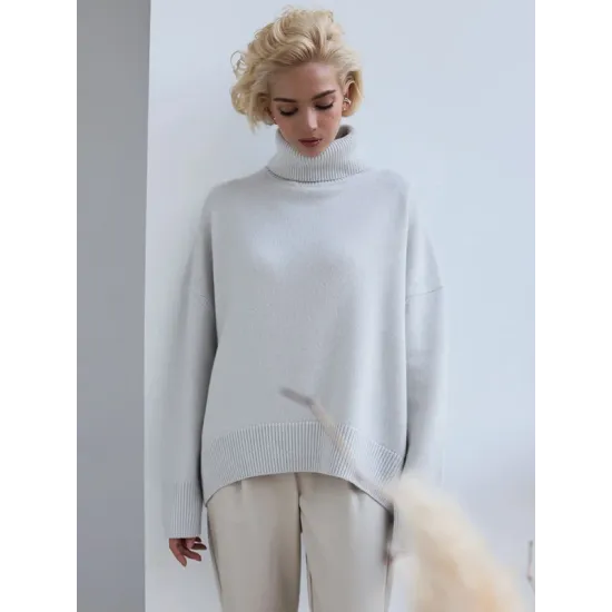 Casual Long Sleeves Loose Solid Color High-Neck Sweater Tops Casual Long Sleeves Loose Solid Color High-Neck Sweater Tops