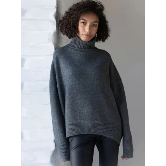Casual Long Sleeves Loose Solid Color High-Neck Sweater Tops Casual Long Sleeves Loose Solid Color High-Neck Sweater Tops