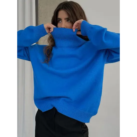 Casual Long Sleeves Loose Solid Color High-Neck Sweater Tops Casual Long Sleeves Loose Solid Color High-Neck Sweater Tops