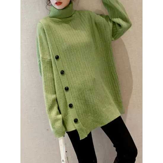 Asymmetric Buttoned High-low Long Sleeves High-neck Sweater Tops Pullovers Knitwear Asymmetric Buttoned High-low Long Sleeves High-neck Sweater Tops Pullovers Knitwear