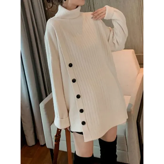Asymmetric Buttoned High-low Long Sleeves High-neck Sweater Tops Pullovers Knitwear Asymmetric Buttoned High-low Long Sleeves High-neck Sweater Tops Pullovers Knitwear
