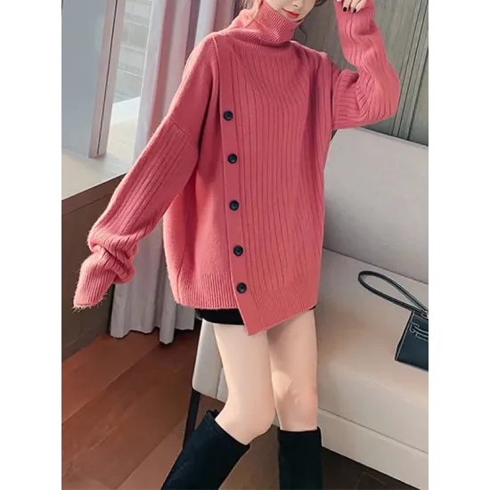 Asymmetric Buttoned High-low Long Sleeves High-neck Sweater Tops Pullovers Knitwear Asymmetric Buttoned High-low Long Sleeves High-neck Sweater Tops Pullovers Knitwear