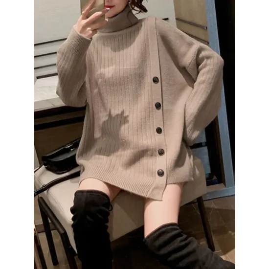 Asymmetric Buttoned High-low Long Sleeves High-neck Sweater Tops Pullovers Knitwear Asymmetric Buttoned High-low Long Sleeves High-neck Sweater Tops Pullovers Knitwear