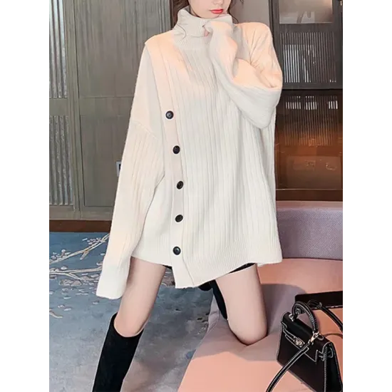 Asymmetric Buttoned High-low Long Sleeves High-neck Sweater Tops Pullovers Knitwear Asymmetric Buttoned High-low Long Sleeves High-neck Sweater Tops Pullovers Knitwear