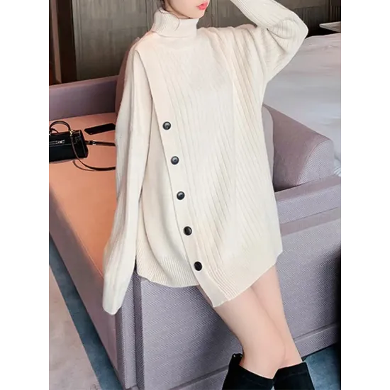 Asymmetric Buttoned High-low Long Sleeves High-neck Sweater Tops Pullovers Knitwear Asymmetric Buttoned High-low Long Sleeves High-neck Sweater Tops Pullovers Knitwear