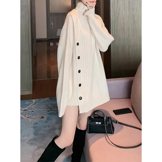Asymmetric Buttoned High-low Long Sleeves High-neck Sweater Tops Pullovers Knitwear Asymmetric Buttoned High-low Long Sleeves High-neck Sweater Tops Pullovers Knitwear