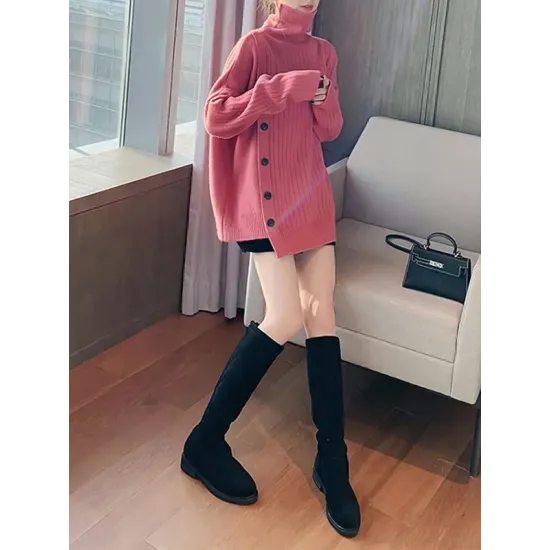 Asymmetric Buttoned High-low Long Sleeves High-neck Sweater Tops Pullovers Knitwear Asymmetric Buttoned High-low Long Sleeves High-neck Sweater Tops Pullovers Knitwear