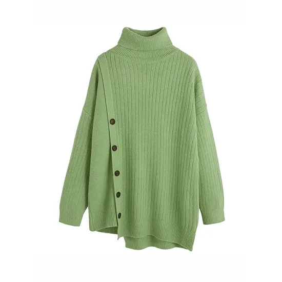 Asymmetric Buttoned High-low Long Sleeves High-neck Sweater Tops Pullovers Knitwear Asymmetric Buttoned High-low Long Sleeves High-neck Sweater Tops Pullovers Knitwear