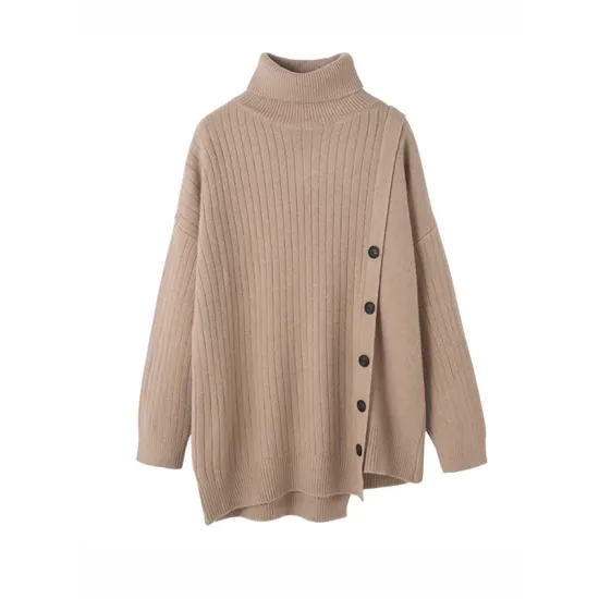 Asymmetric Buttoned High-low Long Sleeves High-neck Sweater Tops Pullovers Knitwear Asymmetric Buttoned High-low Long Sleeves High-neck Sweater Tops Pullovers Knitwear