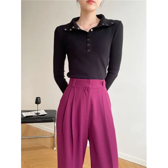 Casual Skinny Loose Solid Color Lapel Collar Pullovers Casual Skinny Loose Solid Color Lapel Collar Pullovers