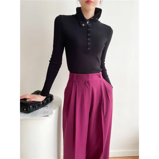 Casual Skinny Loose Solid Color Lapel Collar Pullovers Casual Skinny Loose Solid Color Lapel Collar Pullovers