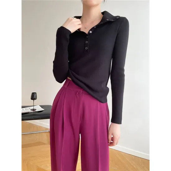 Casual Skinny Loose Solid Color Lapel Collar Pullovers Casual Skinny Loose Solid Color Lapel Collar Pullovers