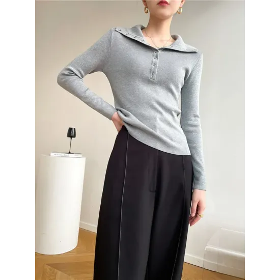 Casual Skinny Loose Solid Color Lapel Collar Pullovers Casual Skinny Loose Solid Color Lapel Collar Pullovers