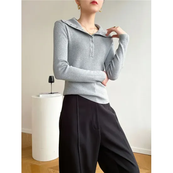 Casual Skinny Loose Solid Color Lapel Collar Pullovers Casual Skinny Loose Solid Color Lapel Collar Pullovers