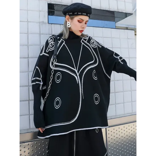 Casual Loose Long Sleeves Contrast Color Jacquard High-Neck Sweater Tops Casual Loose Long Sleeves Contrast Color Jacquard High-Neck Sweater Tops