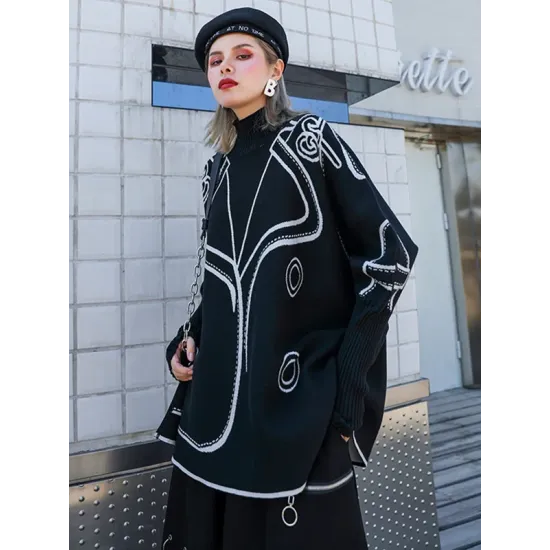 Casual Loose Long Sleeves Contrast Color Jacquard High-Neck Sweater Tops Casual Loose Long Sleeves Contrast Color Jacquard High-Neck Sweater Tops