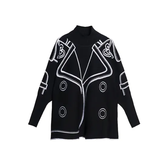 Casual Loose Long Sleeves Contrast Color Jacquard High-Neck Sweater Tops Casual Loose Long Sleeves Contrast Color Jacquard High-Neck Sweater Tops