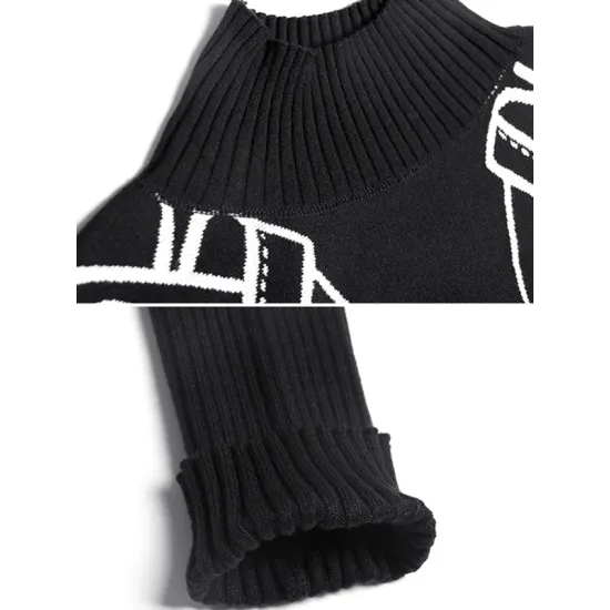 Casual Loose Long Sleeves Contrast Color Jacquard High-Neck Sweater Tops Casual Loose Long Sleeves Contrast Color Jacquard High-Neck Sweater Tops