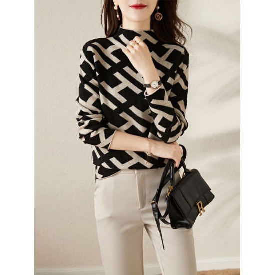 Original Skinny Long Sleeves Contrast Color Jacquard High-Neck Sweater Tops Original Skinny Long Sleeves Contrast Color Jacquard High-Neck Sweater Tops