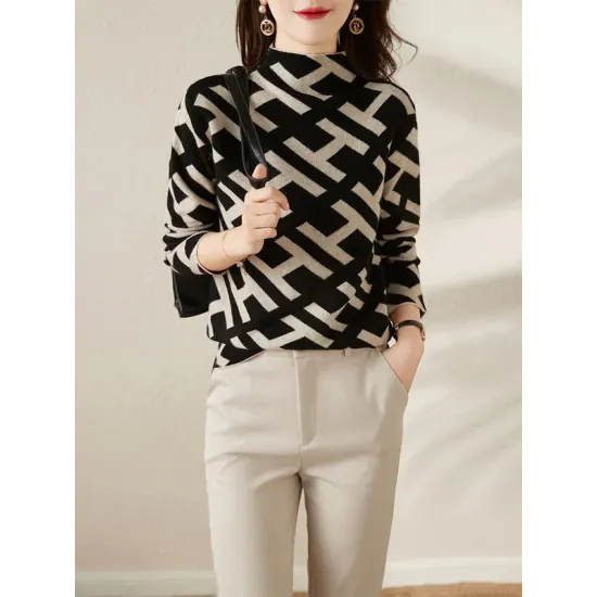 Original Skinny Long Sleeves Contrast Color Jacquard High-Neck Sweater Tops Original Skinny Long Sleeves Contrast Color Jacquard High-Neck Sweater Tops