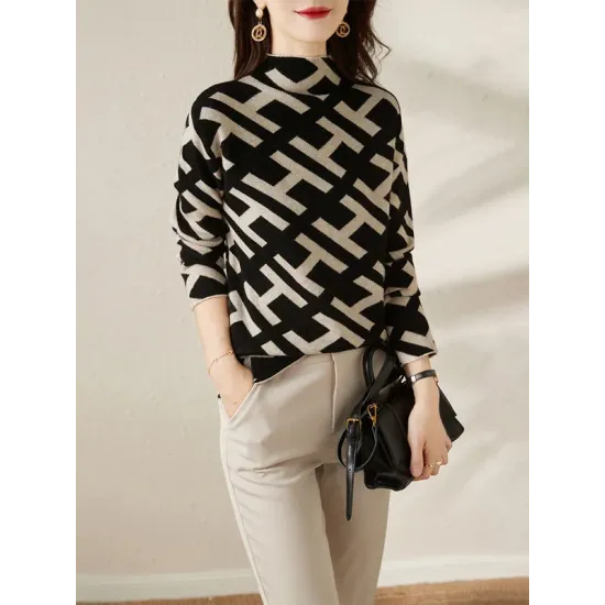 Original Skinny Long Sleeves Contrast Color Jacquard High-Neck Sweater Tops Original Skinny Long Sleeves Contrast Color Jacquard High-Neck Sweater Tops