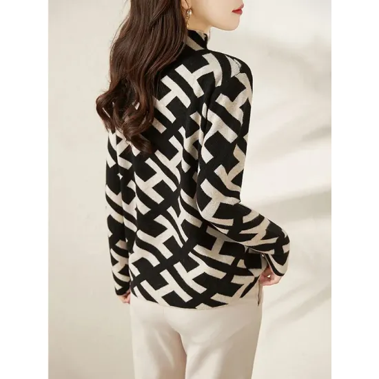 Original Skinny Long Sleeves Contrast Color Jacquard High-Neck Sweater Tops Original Skinny Long Sleeves Contrast Color Jacquard High-Neck Sweater Tops
