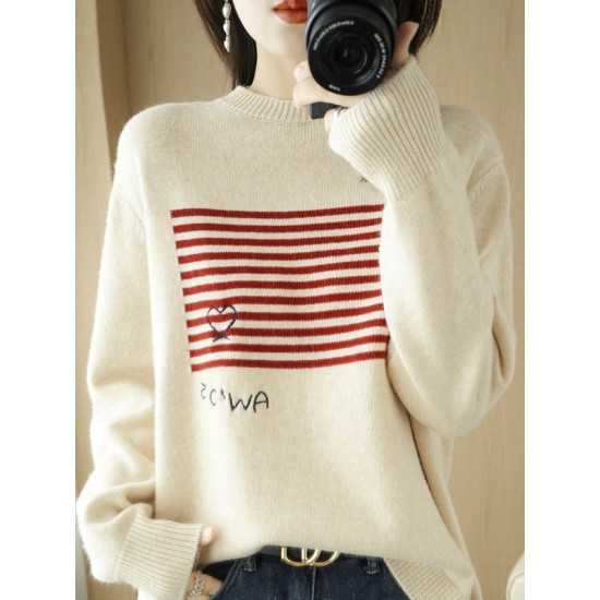 Casual Loose Long Sleeves Striped Round-Neck Sweater Tops Casual Loose Long Sleeves Striped Round-Neck Sweater Tops