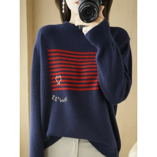 Casual Loose Long Sleeves Striped Round-Neck Sweater Tops Casual Loose Long Sleeves Striped Round-Neck Sweater Tops