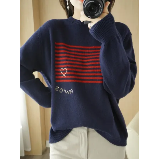 Casual Loose Long Sleeves Striped Round-Neck Sweater Tops Casual Loose Long Sleeves Striped Round-Neck Sweater Tops