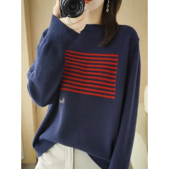 Casual Loose Long Sleeves Striped Round-Neck Sweater Tops Casual Loose Long Sleeves Striped Round-Neck Sweater Tops