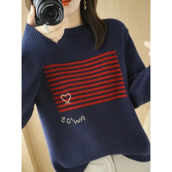 Casual Loose Long Sleeves Striped Round-Neck Sweater Tops Casual Loose Long Sleeves Striped Round-Neck Sweater Tops