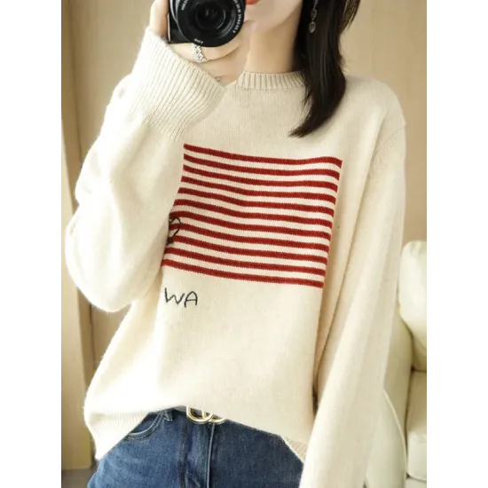 Casual Loose Long Sleeves Striped Round-Neck Sweater Tops Casual Loose Long Sleeves Striped Round-Neck Sweater Tops