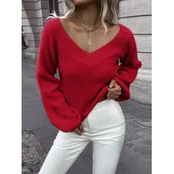 Casual Long Sleeves Loose Solid Color V-Neck Sweater Tops