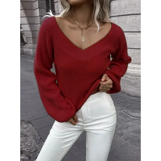 Casual Long Sleeves Loose Solid Color V-Neck Sweater Tops