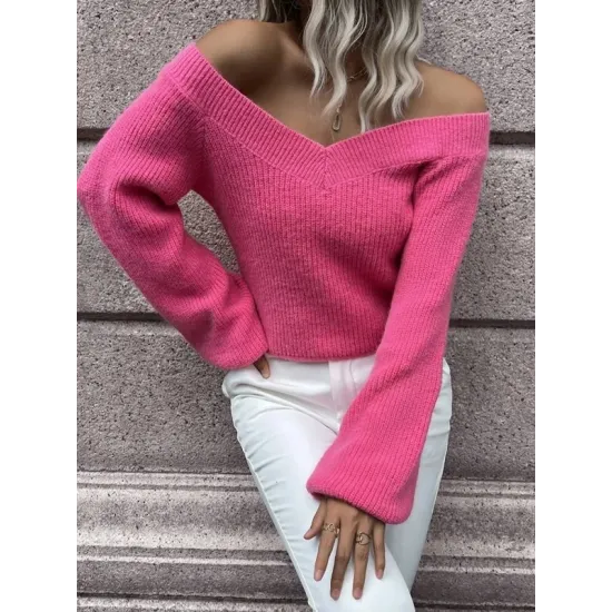 Casual Long Sleeves Loose Solid Color V-Neck Sweater Tops