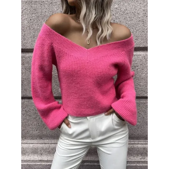 Casual Long Sleeves Loose Solid Color V-Neck Sweater Tops