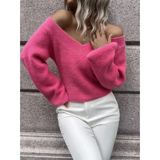 Casual Long Sleeves Loose Solid Color V-Neck Sweater Tops