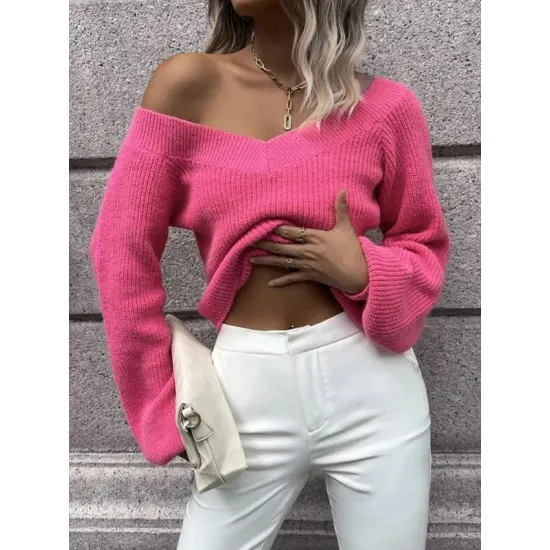 Casual Long Sleeves Loose Solid Color V-Neck Sweater Tops