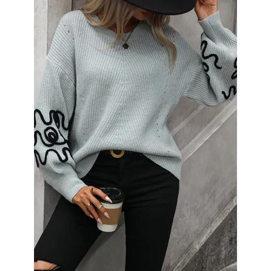 Hollow Long Sleeves Loose Round-Neck Sweater Tops Pullovers Knitwear Hollow Long Sleeves Loose Round-Neck Sweater Tops Pullovers Knitwear