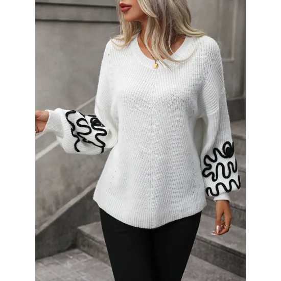 Hollow Long Sleeves Loose Round-Neck Sweater Tops Pullovers Knitwear Hollow Long Sleeves Loose Round-Neck Sweater Tops Pullovers Knitwear