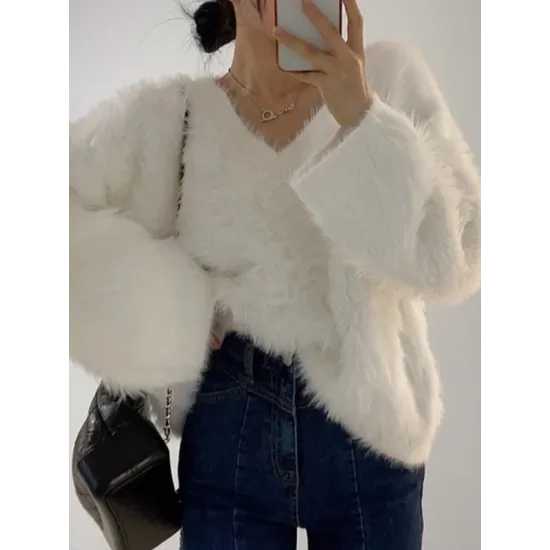 Original Creation Long Sleeves Loose Solid Color V-Neck Sweater Tops