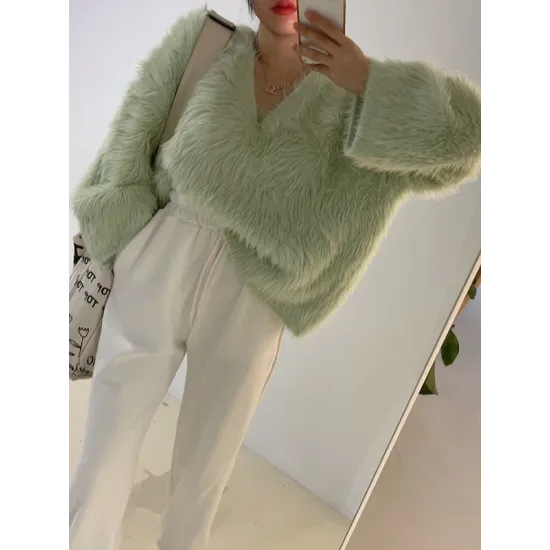 Original Creation Long Sleeves Loose Solid Color V-Neck Sweater Tops