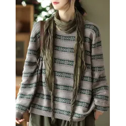 Artistic Retro Loose Long Sleeves Jacquard Round-Neck Sweater Tops