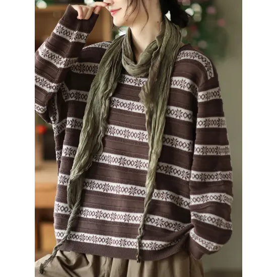 Artistic Retro Loose Long Sleeves Jacquard Round-Neck Sweater Tops Artistic Retro Loose Long Sleeves Jacquard Round-Neck Sweater Tops