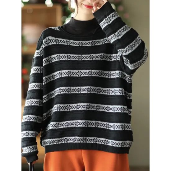 Artistic Retro Loose Long Sleeves Jacquard Round-Neck Sweater Tops Artistic Retro Loose Long Sleeves Jacquard Round-Neck Sweater Tops