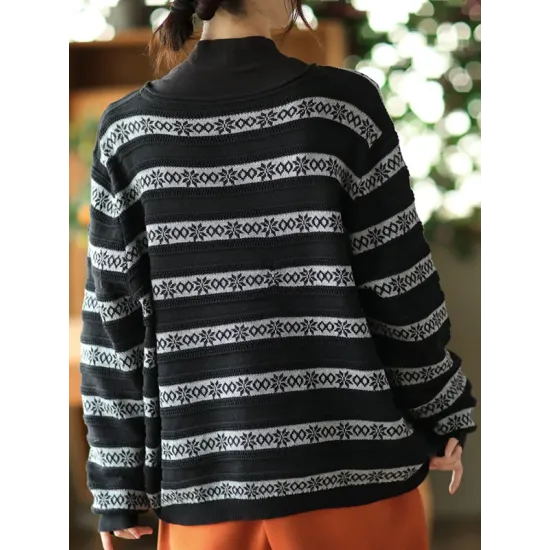 Artistic Retro Loose Long Sleeves Jacquard Round-Neck Sweater Tops Artistic Retro Loose Long Sleeves Jacquard Round-Neck Sweater Tops
