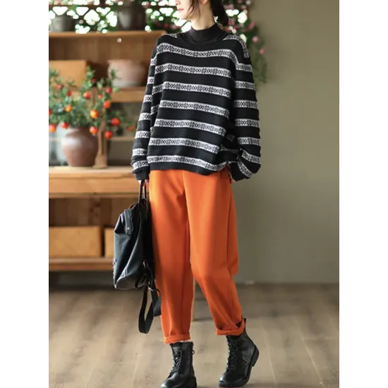 Artistic Retro Loose Long Sleeves Jacquard Round-Neck Sweater Tops Artistic Retro Loose Long Sleeves Jacquard Round-Neck Sweater Tops