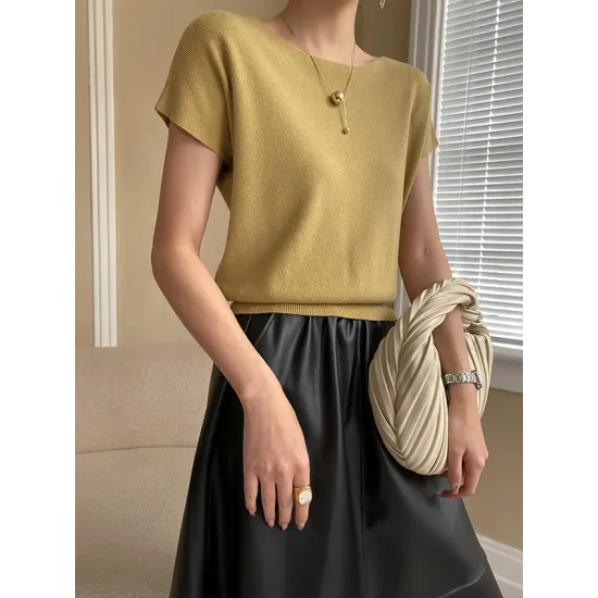 Stylish Loose Solid Color Boat Neck Knitwear Pullovers Tops Stylish Loose Solid Color Boat Neck Knitwear Pullovers Tops