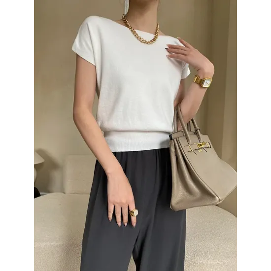 Stylish Loose Solid Color Boat Neck Knitwear Pullovers Tops Stylish Loose Solid Color Boat Neck Knitwear Pullovers Tops